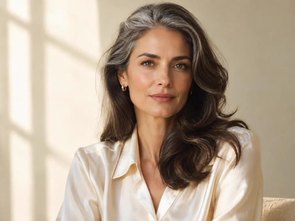 Portrait of a woman with silver-streaked dark hair in a cream silk blouse, lit by soft window light