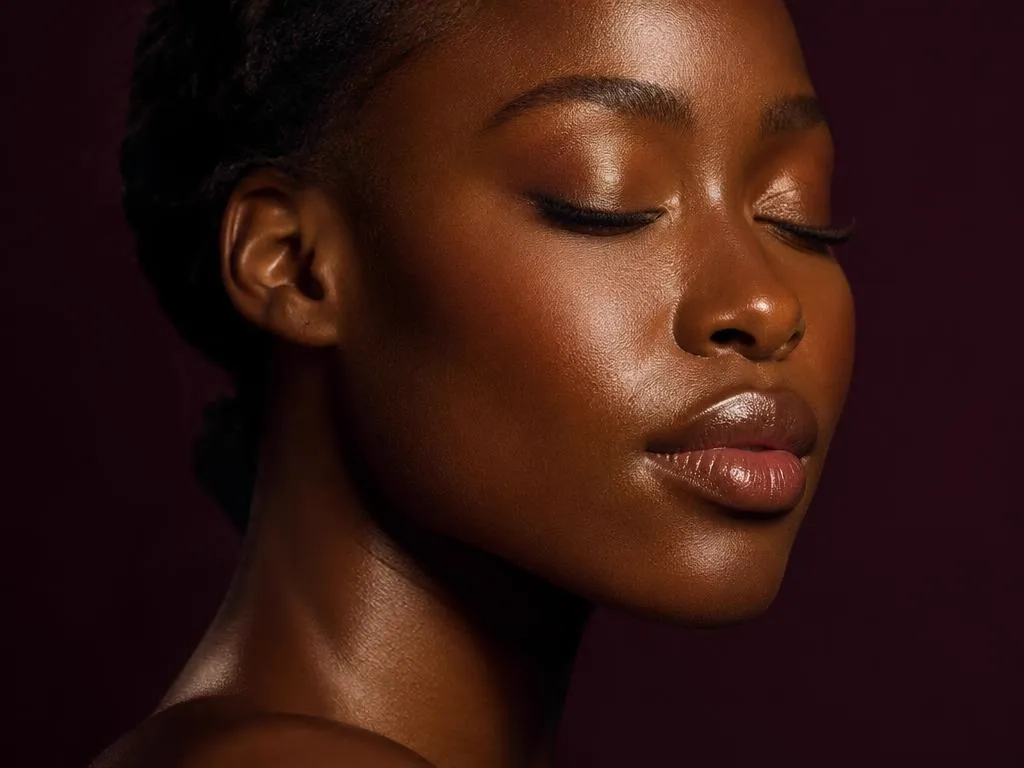 Close-up portrait of a woman with deep skin tone and closed eyes in warm golden light against a dark plum backdrop