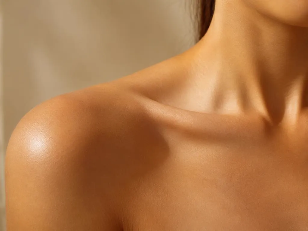 Close-up of calm skin on a shoulder and collarbone in soft warm light