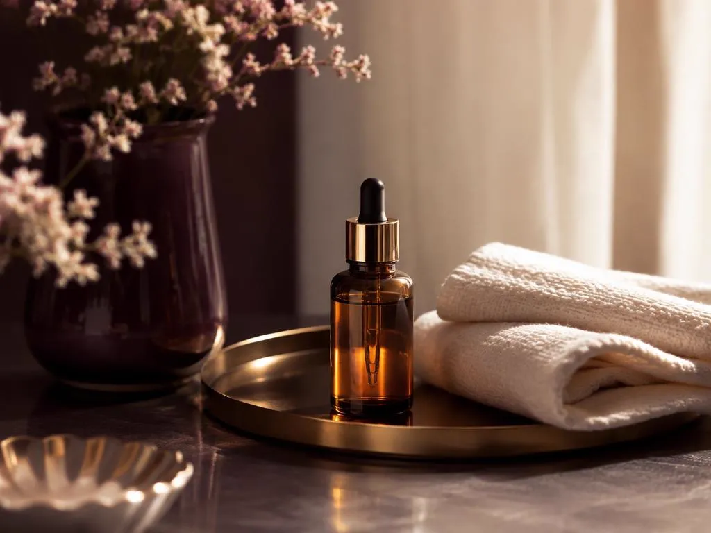 An amber glass dropper bottle of facial oil on a brushed brass tray beside folded cream towels in warm window light