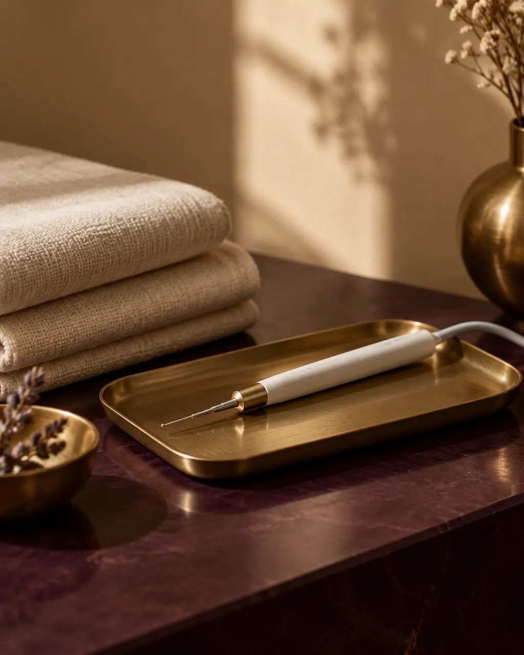 A fine sterile electrolysis probe resting on a brushed brass tray beside folded cream linen towels in warm, low afternoon light