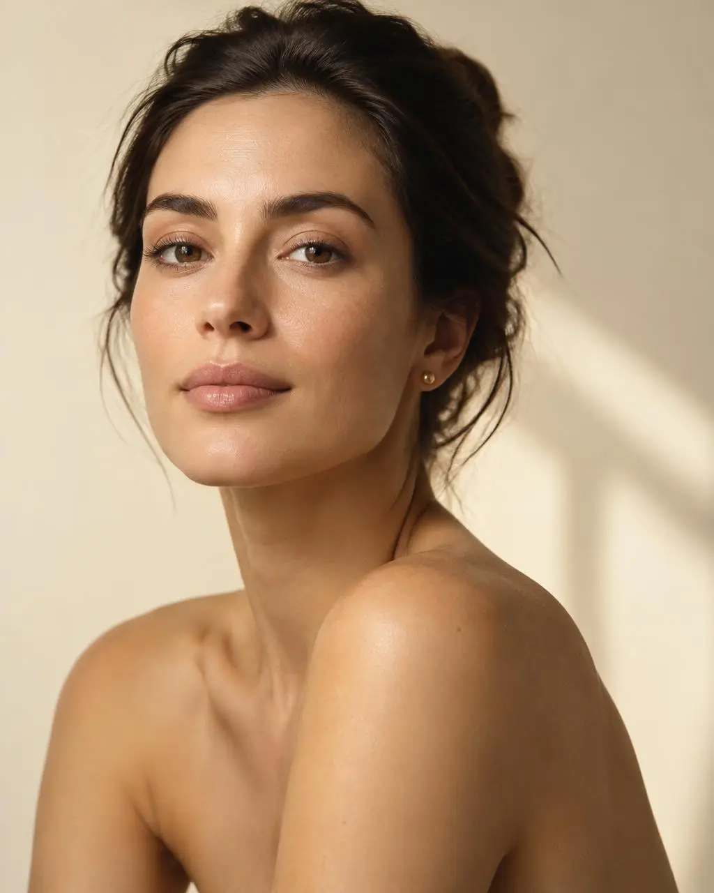 Portrait of a woman with dark hair swept up, smooth natural skin and a calm expression, in soft warm light against a cream wall