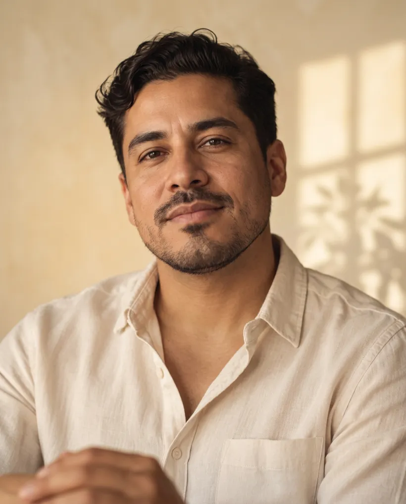 Portrait of a Latino man with medium olive skin and natural facial hair, wearing a cream linen shirt in soft window light against a warm champagne wall